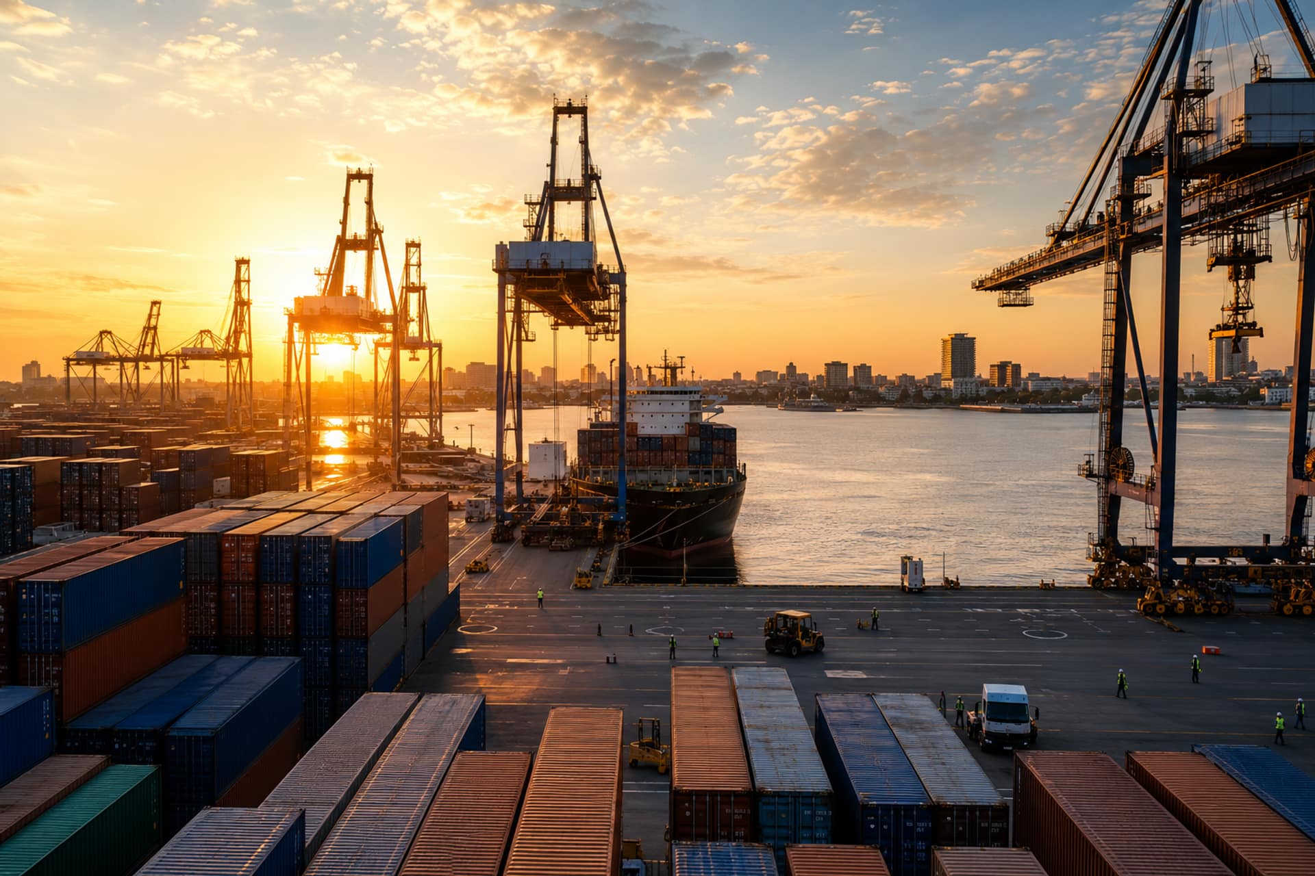 Container ship and cranes at Dar es Salaam port at sunrise